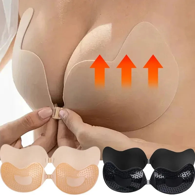1/2pcsInvisible Women'S Push Up Bra, Backless And Strapless Bra, Front Placket Bra, Underwear, Silicone Self-Adhesive Breast Pad
