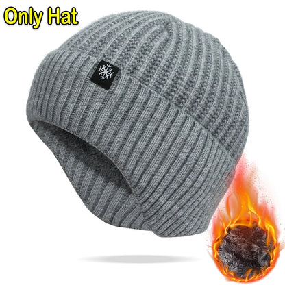 Outdoor Men Winter Knitted Hat Plush Warmth Peaked Cap Earmuff Casual Fashion Faux Fur Lined Hooded Hats Cycling Ear Protection
